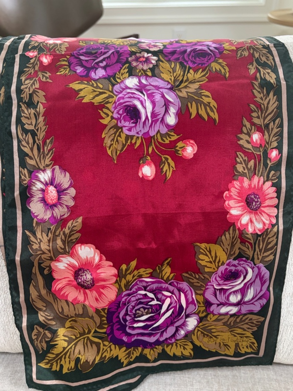 Diane Von Furstenberg Burgundy Silk Floral Scarf with Purple & Pink Roses